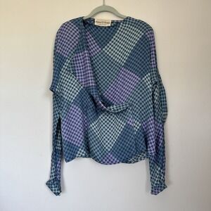 Anna Di Rossi Women's Geometric Checkered Drape Front Long Sleeves‎ Top  Sz-40 M
